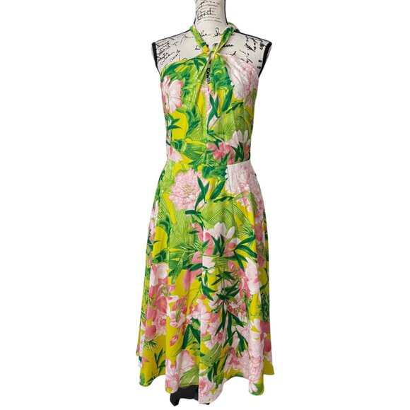 Natori Dresses & Skirts - Natori Passion Peony Floral Halter Dress Tropical Green Pink Womens Size 6 NEW